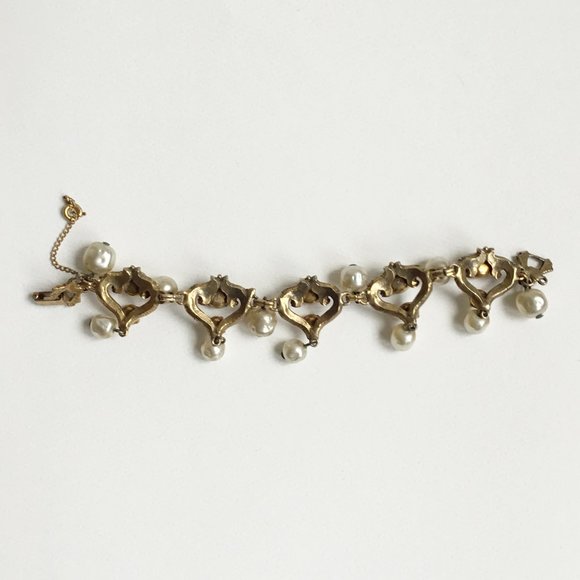 Vintage Faux Baroque Pearl Dangle & Prong Set AB Rhinestone Link Bracelet - Picture 5 of 6